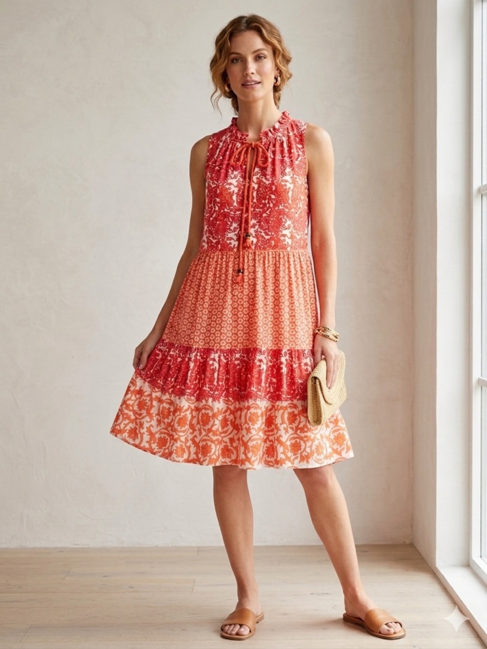 Chelsea & Theodore Sleeveless Orange‎ Tiered Summer Resort Dress NWOT